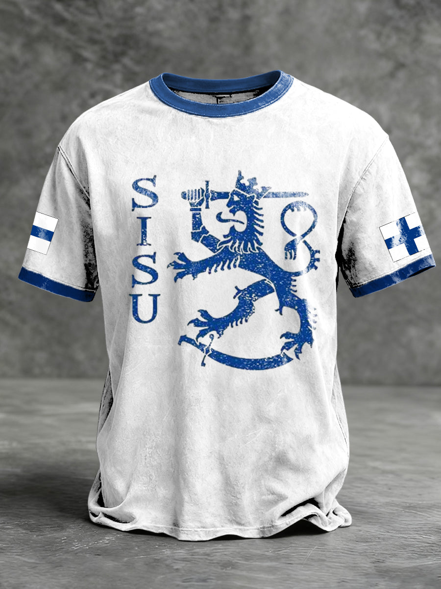 Mäns bekymrade vit-blå "SISU" t-shirt