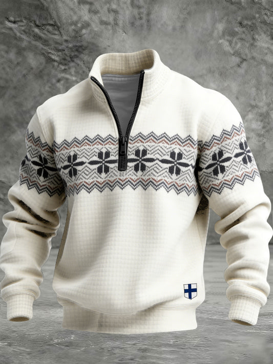 Herres varm krem Nordic Snøfnugg & Finsk Flagglapp Kvart-Glidelås Sweatshirt