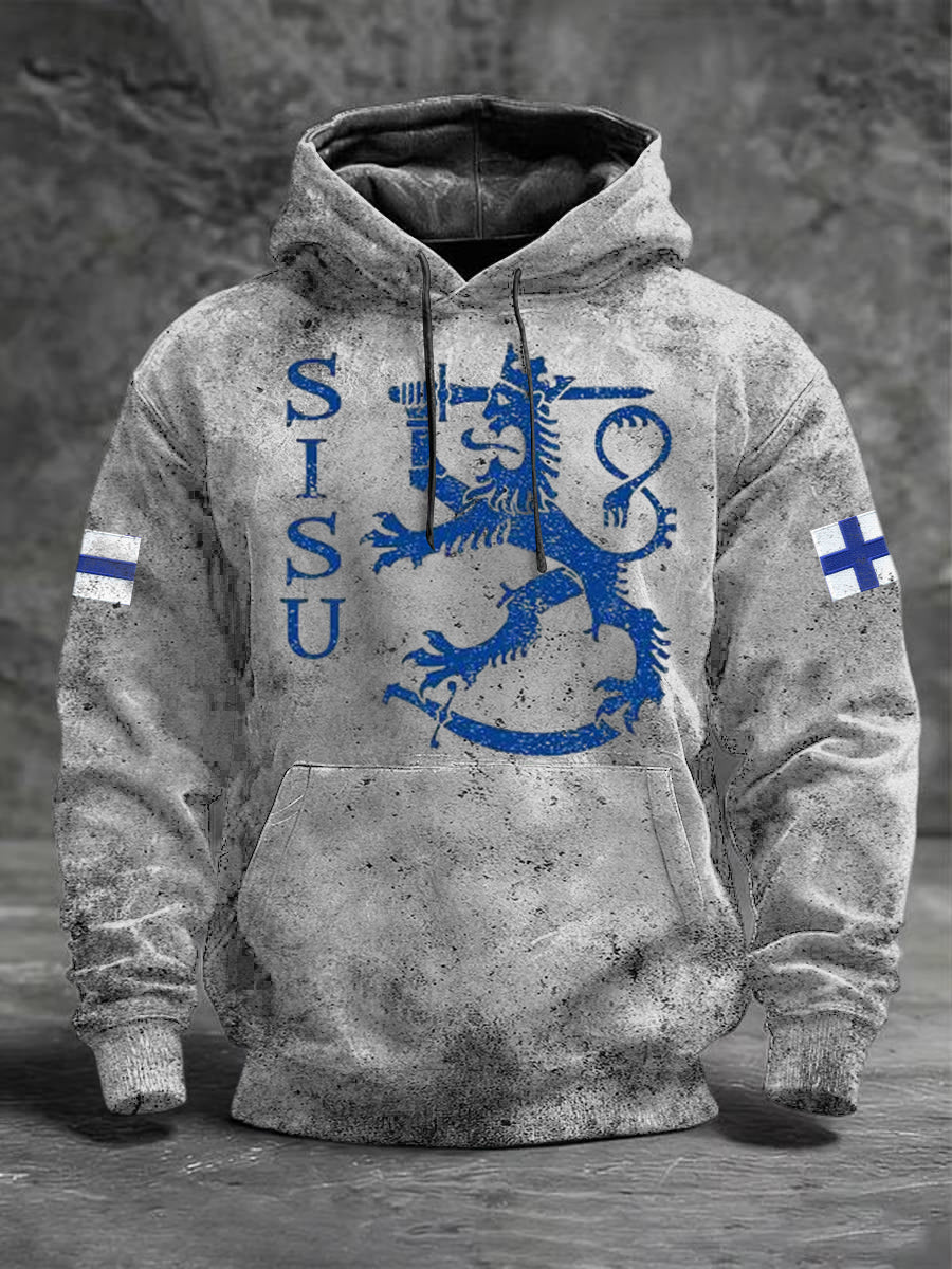 Mäns störda grå "SISU" Finska Lejon Flagg Hoodie.