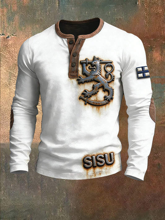 Mäns finska SISU Skriv ut Vit Henley Sweatshirt