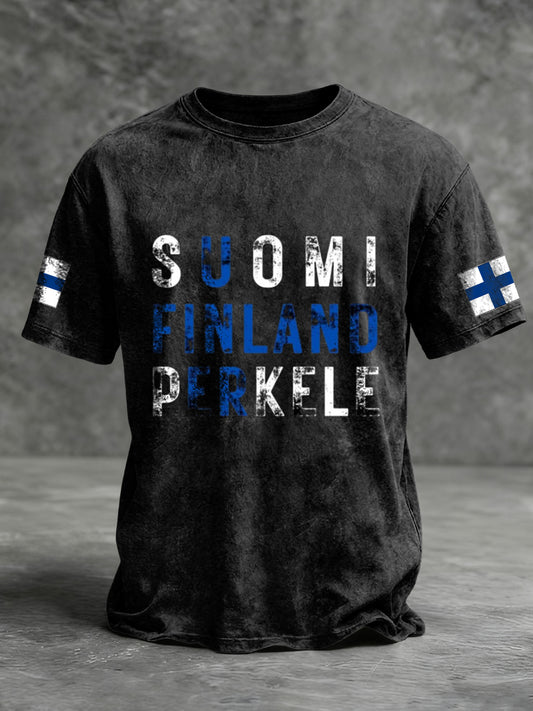 Mäns fet svart "SUOMI FINLAND PERKELE" Grafisk T-shirt