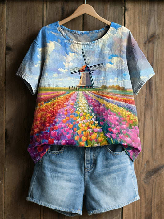 Kvinner Retro oljemaleri Vindmølle Tulipan Trykk Uformell Kort-ermet Shorts