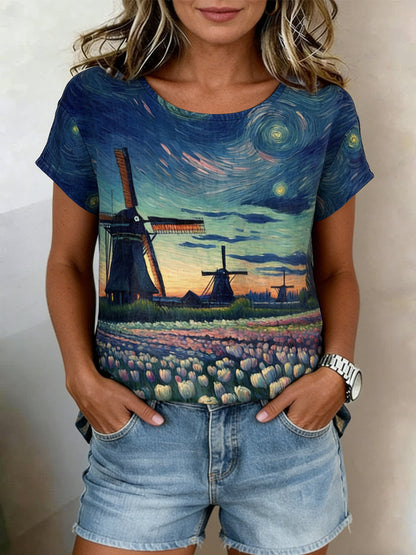 Kvinnors Retro oljemålning Stjärn himmel väderkvarn Tulip Skriv ut Casual Short-Slem skjjorta