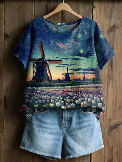 Kvinnors Retro oljemålning Stjärn himmel väderkvarn Tulip Skriv ut Casual Short-Slem skjjorta