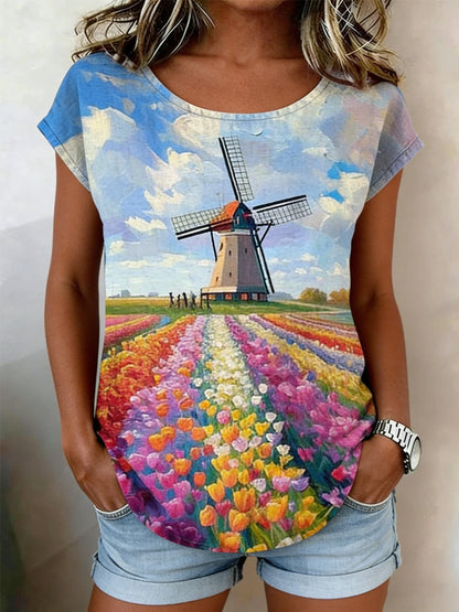 Kvinnor Retro oljemålning Väderkvarn Tulip Skriv ut Casual Short-Sleeve Short