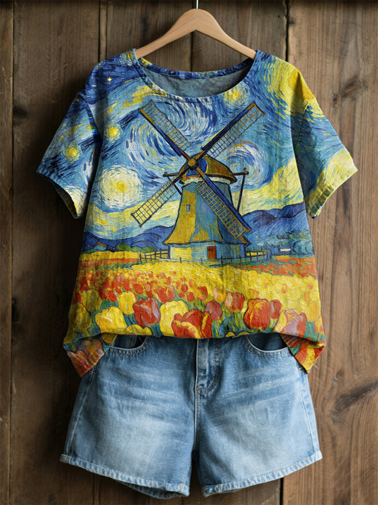 Kvinner Retro oljemaleri Stjernehimmel vindmølle Tulip Print Casual Kortermet skjorte