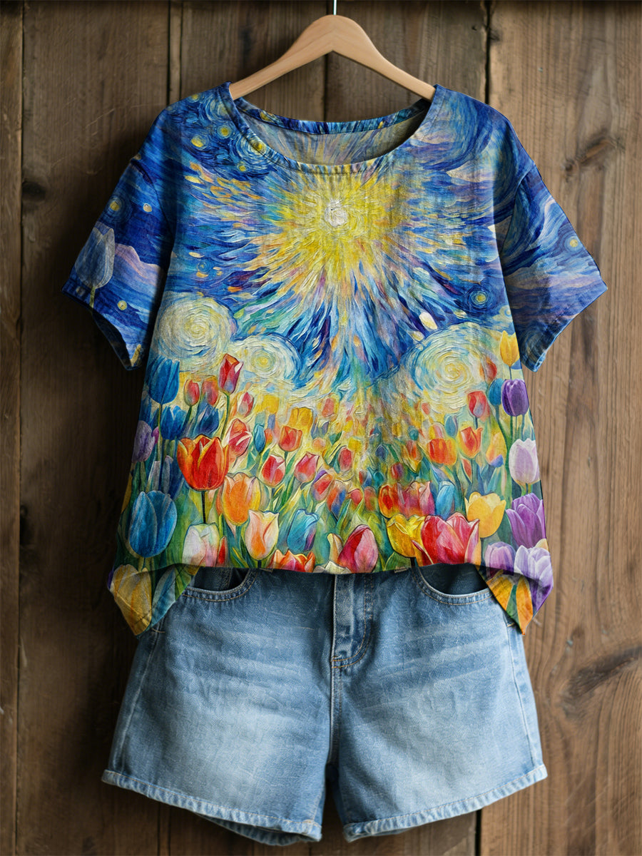 Kvinnors Retro oljemålning stjärn himmel Tulip Skriv ut Casual Short-Sleeve Skjorta