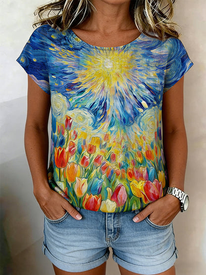 Kvinnors Retro oljemålning stjärn himmel Tulip Skriv ut Casual Short-Sleeve Skjorta