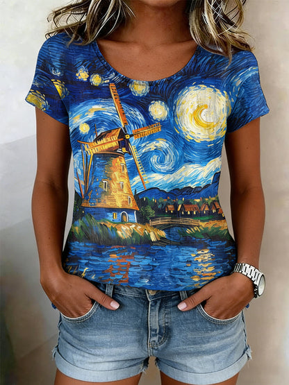 Kvinnors Retro oljemålning Stjärn himmel väderkvarn Skriv ut Casual Short-Sleeve Skjorta