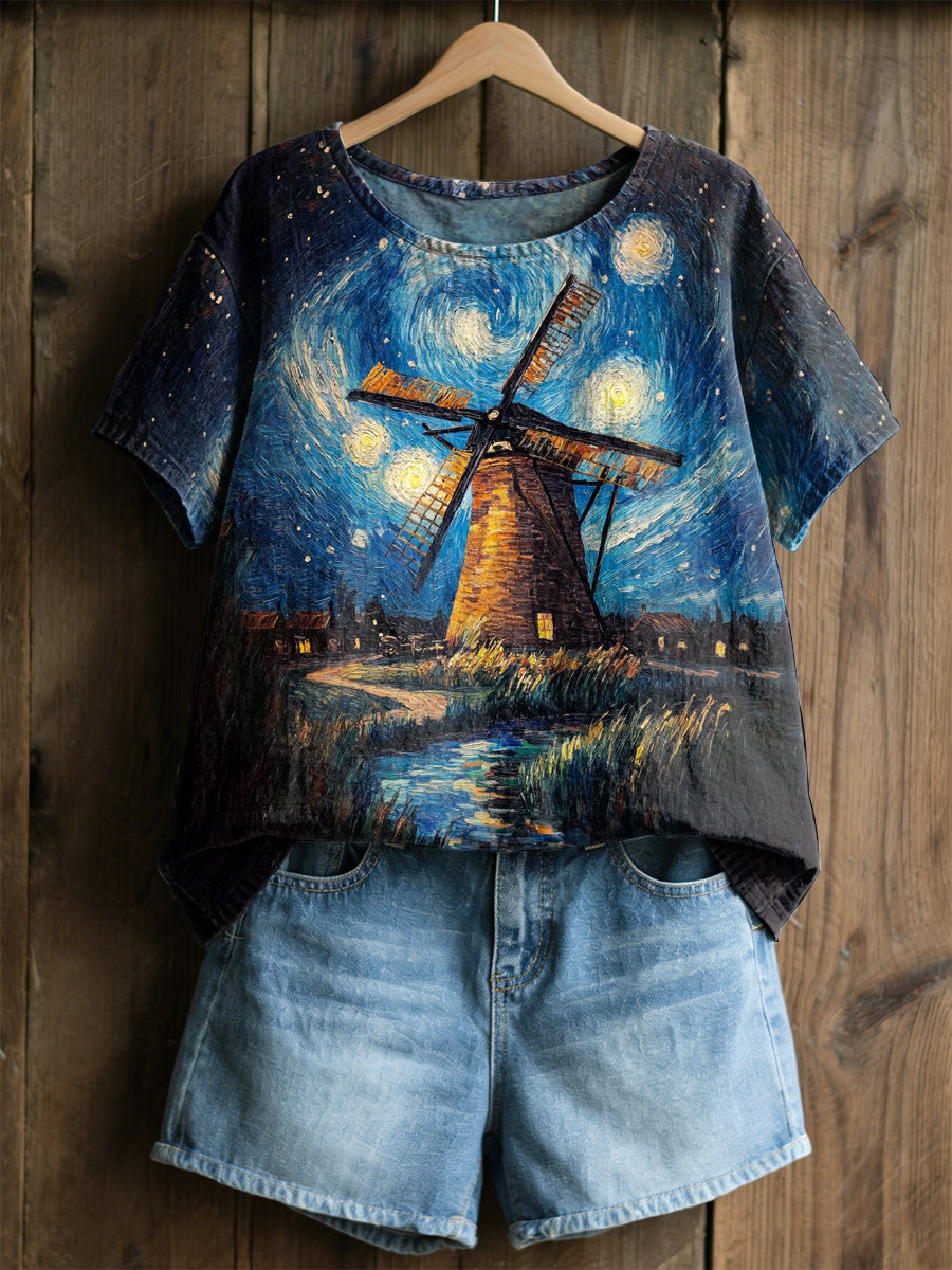 Kvinnors Retro oljemålning Stjärn himmel väderkvarn Skriv ut Casual Short-Sleeve Skjorta