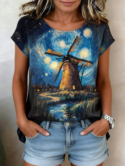 Kvinnors Retro oljemålning Stjärn himmel väderkvarn Skriv ut Casual Short-Sleeve Skjorta