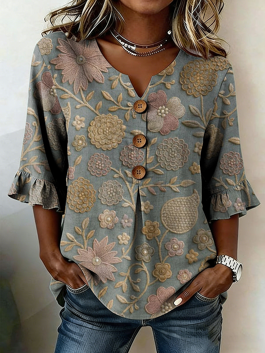 Kvinnors Casual Floral Lin tröj