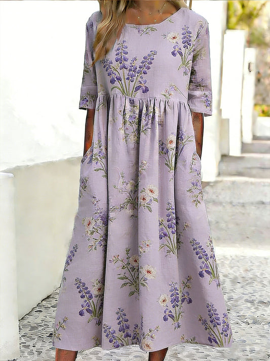 Damekjole med blomstret kunsttrykk, ledig stil