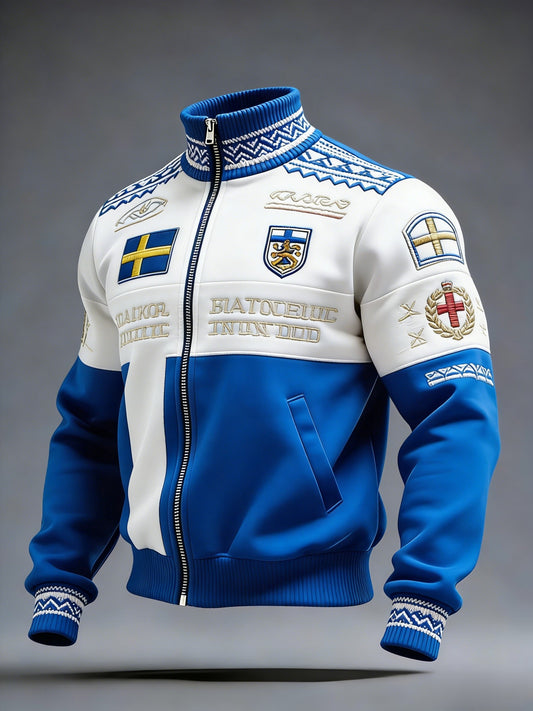 Retro viking-svensk flaggemblem avslappet sportsjakke med ståkrage