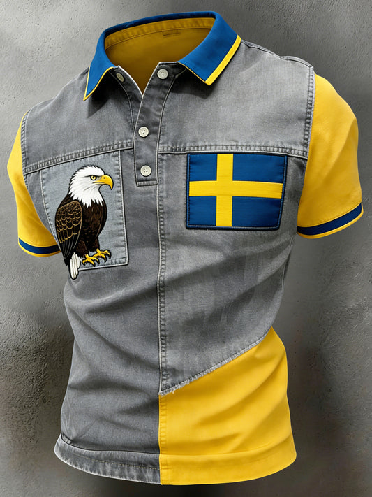 Menn svensk kunsttrykk Poloskjorte med nasjonal flagglapp og fargevalg