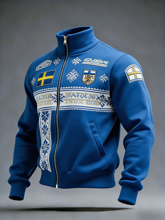 Retro viking-svensk flaggemblem avslappet sportsjakke med ståkrage