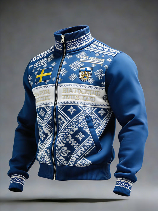 Retro viking-svensk flaggemblem avslappet sportsjakke med ståkrage