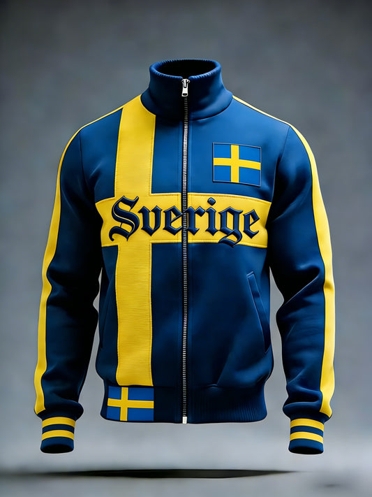 Retro viking-svensk flaggemblem avslappet sportsjakke med ståkrage