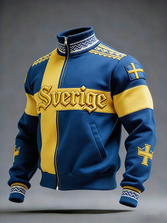 Retro viking-svensk flaggemblem avslappet sportsjakke med ståkrage