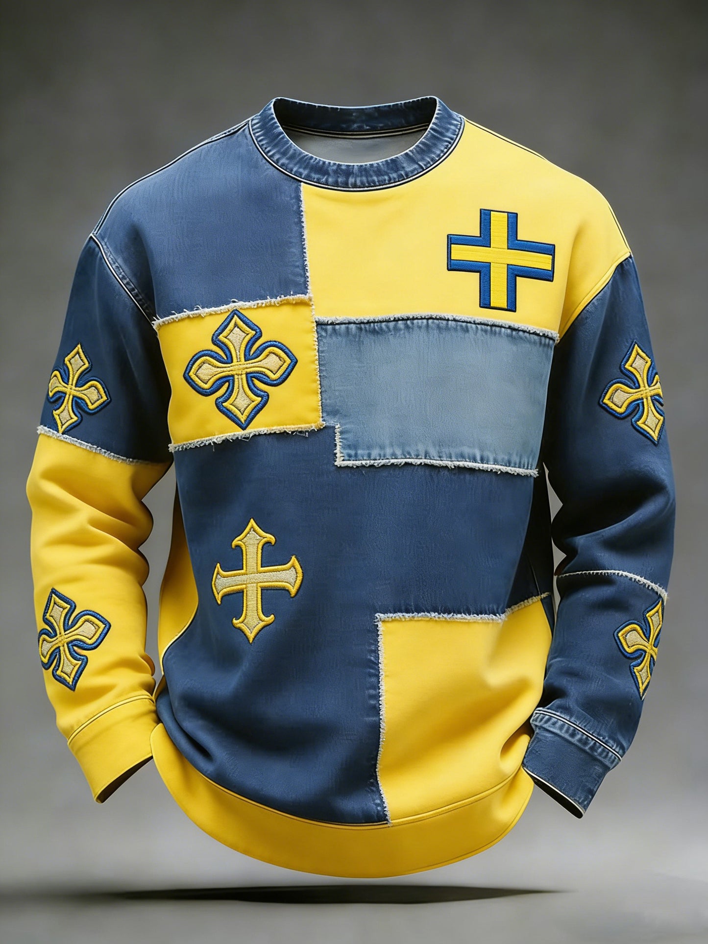 Herrretro vikingasweatshirt med svensk flagga och badge, långärmad, avslappnad stil