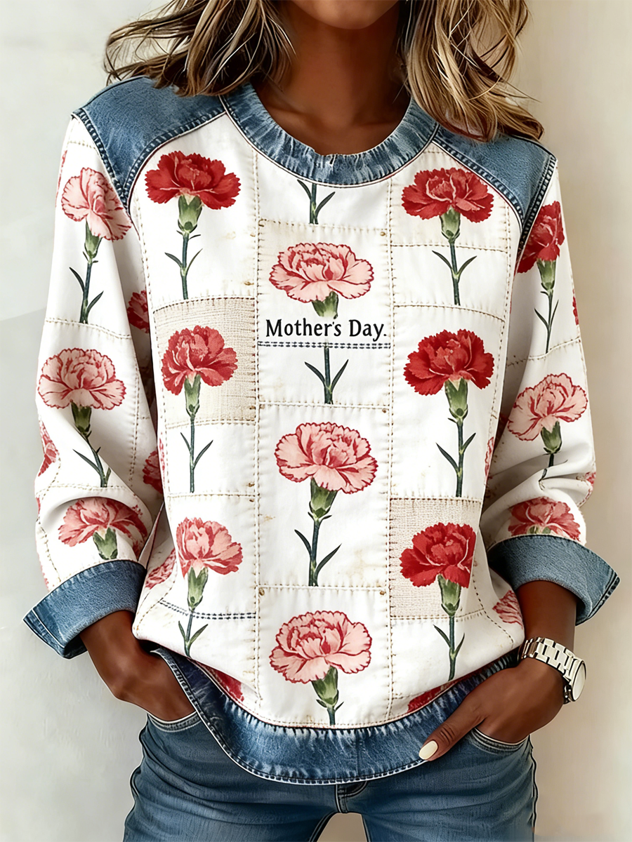 Kvinnors mors dag nejlikor Floral Print Denim Patchwork topp