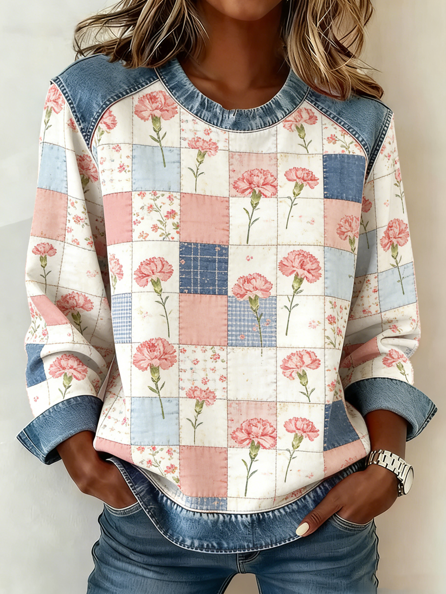 Kvinnor nejlikor blommar Print Denim Patchwork topp