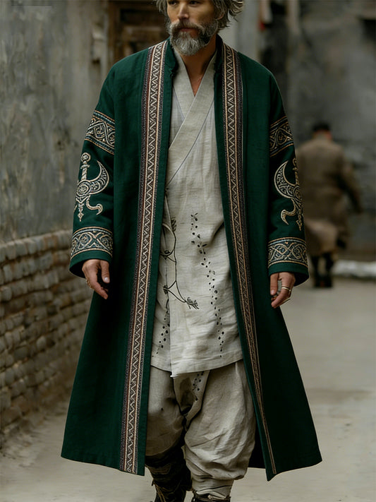 Ankellang trenchcoat med vikingtemaprint