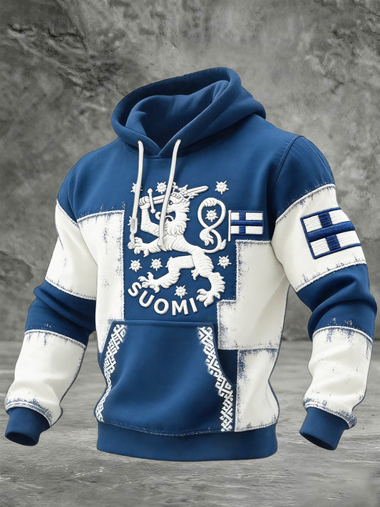 Mäns finska flagg Retro Patchwork Skriv ut Casual Hooded Sweatshirt