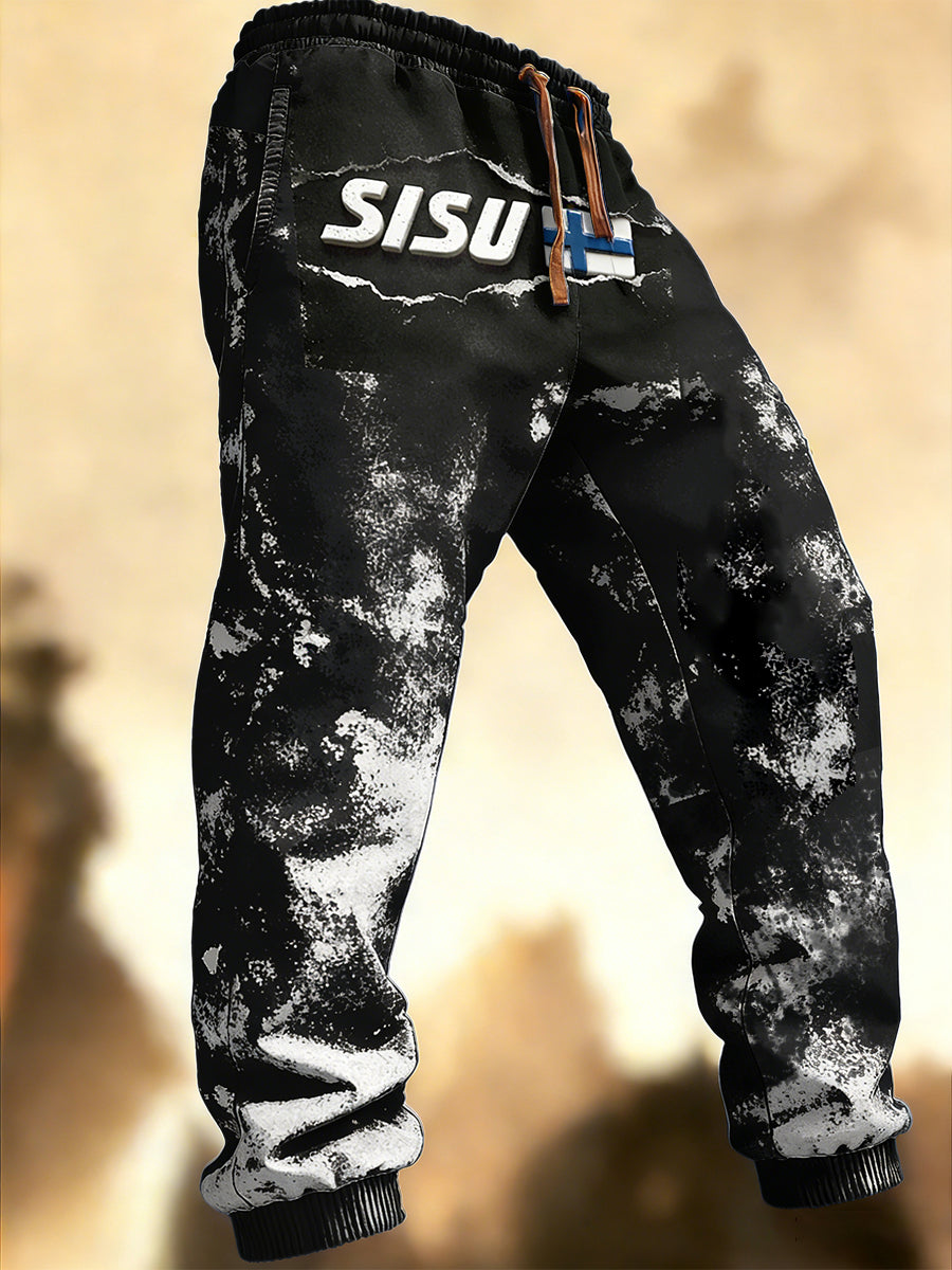 Mäns finska Sisu Skriv ut Vintage Svart och vita Casual Byxor