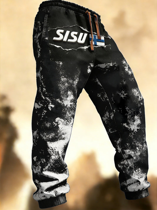Menns finske Sisu Trykk Vintage Svart og hvite Casual Bukser