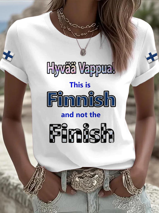 Hvit T-skjorte med teksttrykk til dame, Vappu, finsk