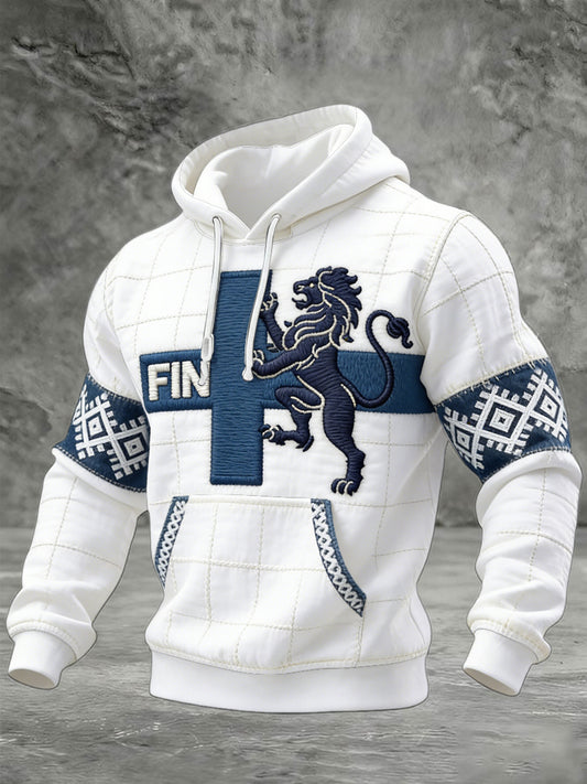 Mäns Vita Finland Flagg Vintage Lappverk Print Casual Hooded Sweatshirt