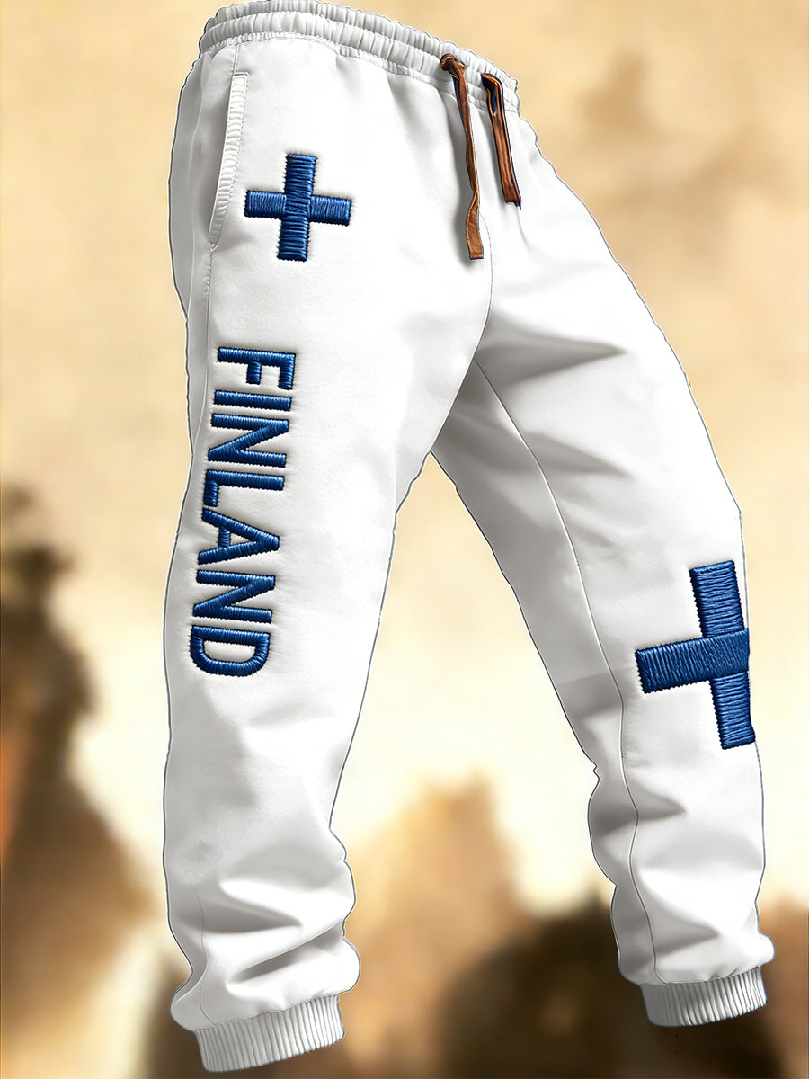 Mäns Vita Finländska inspirerade Tryck Casual Trousers