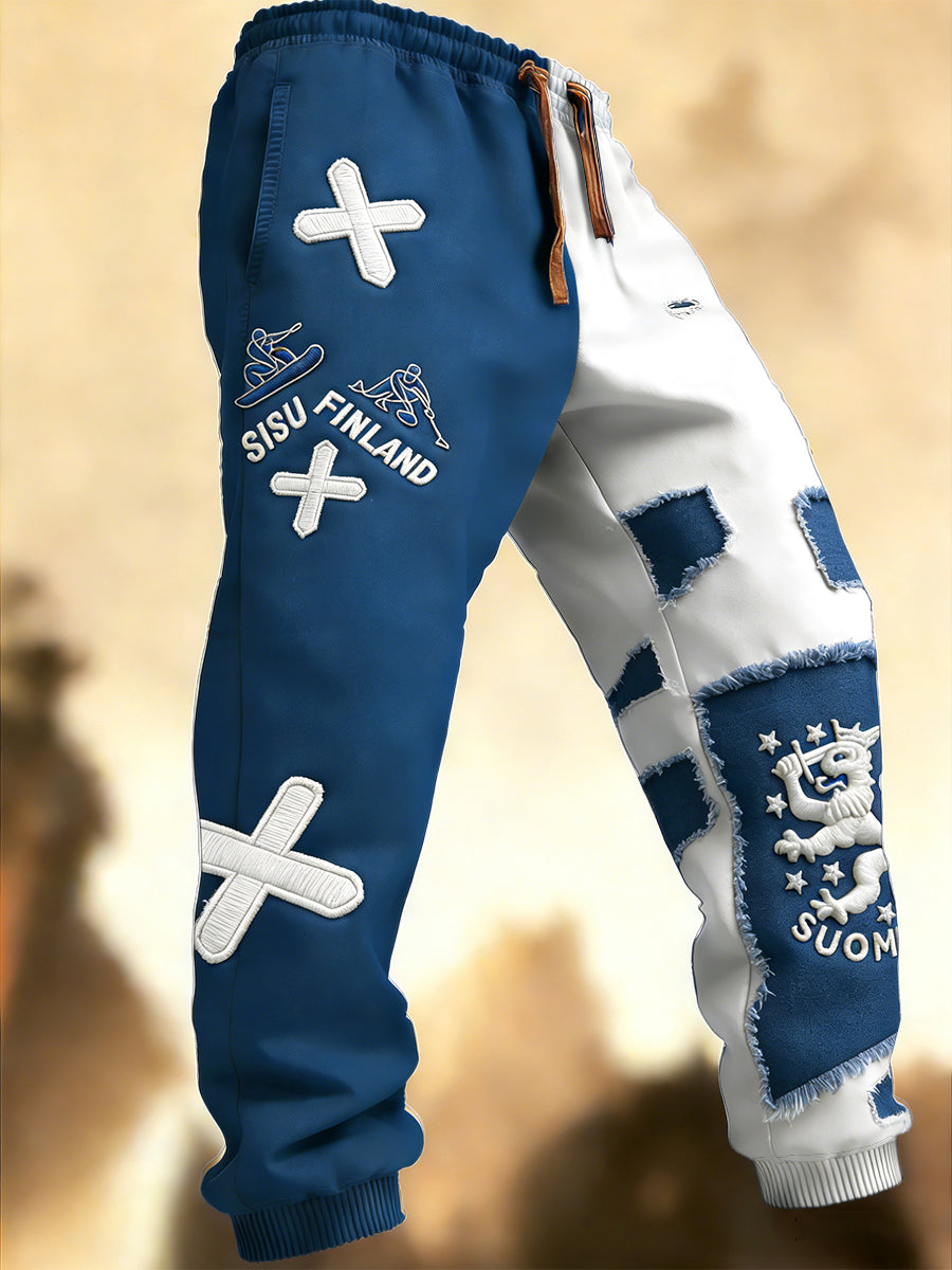 Herrens Finland Tattered lappverk Print Casual Sweatbyxor Byxor