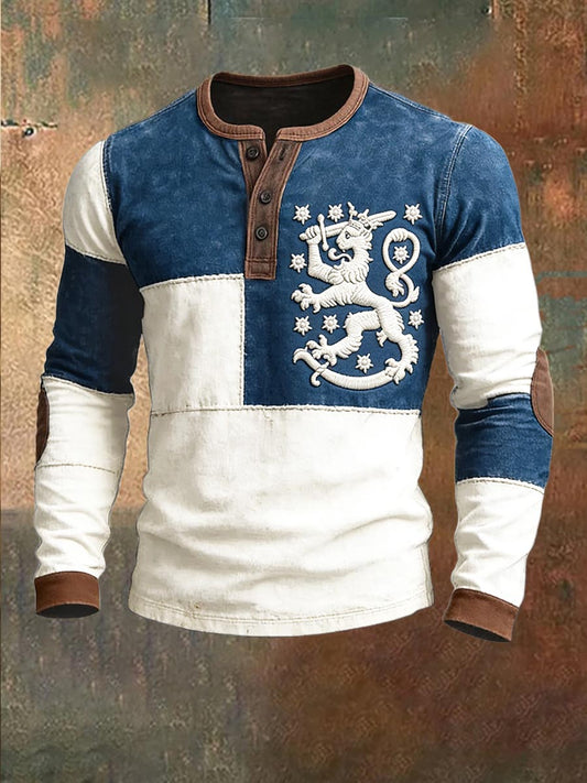 Herre Finland Patchwork Print Vintage Henley Neck Genser