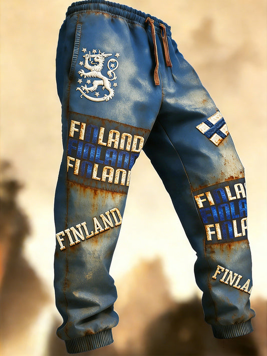 Mäns Vintage Finska Patchwork Skriv ut Casual Sportbyxor