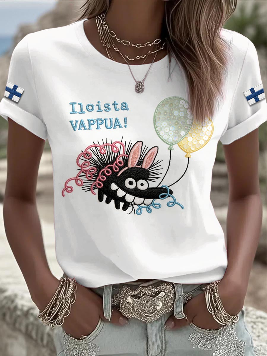 Kvinnors Vit Finska Vappu Festival Söt Print Casual T-shirt