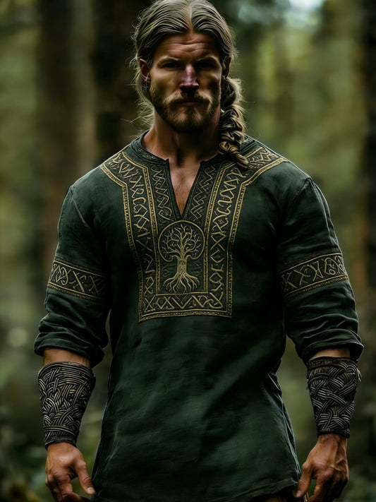 Herregenser med vikingtema, trykket motiv, lang erm og V-hals