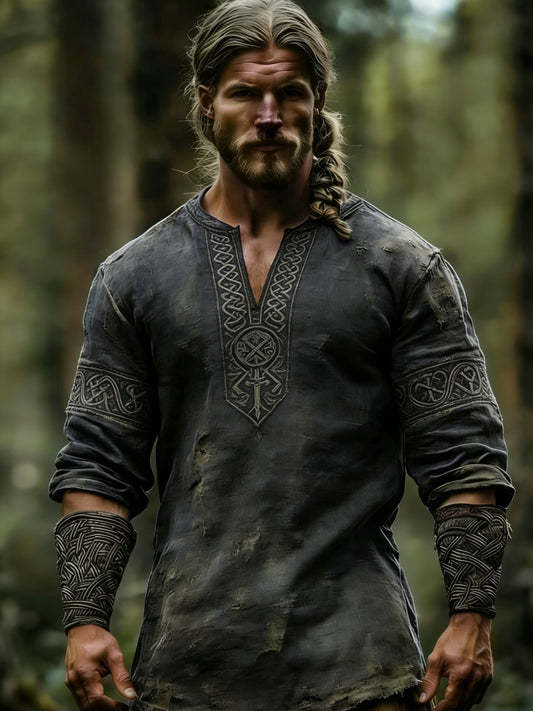 Herregenser med vikingtema, trykket motiv, lang erm og V-hals