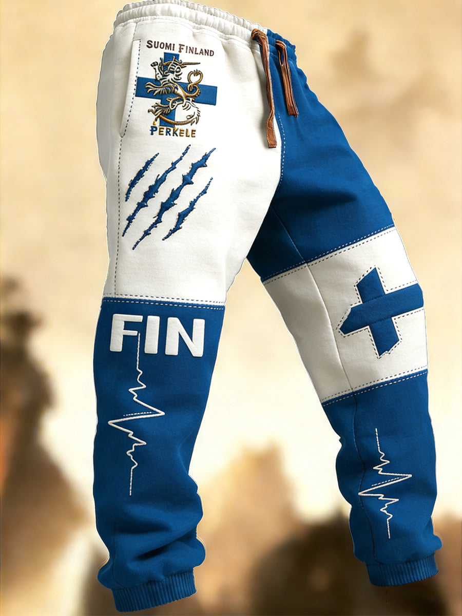 Mäns finska flagg Patchwork Skriv ut Casual Sportbyxor