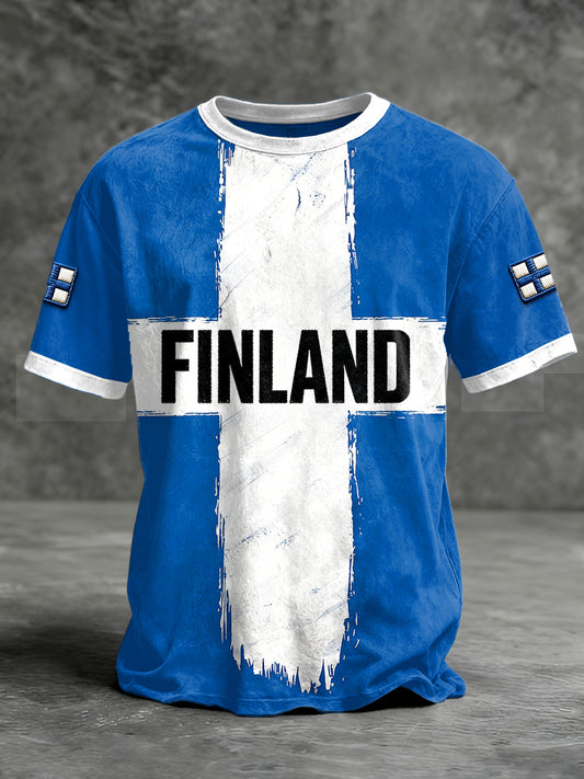 Menns Finland Flagg Trykk Blå Uformell T-skjorte
