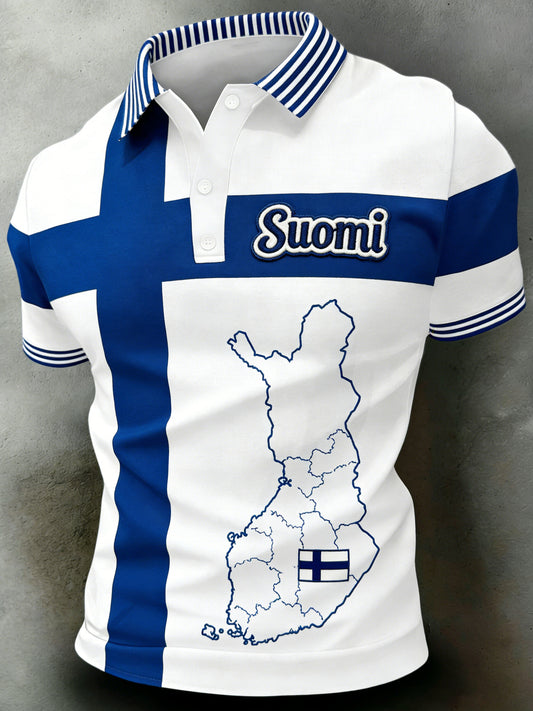 Polo for menn med finsk-inspirert kunstnerisk trykk