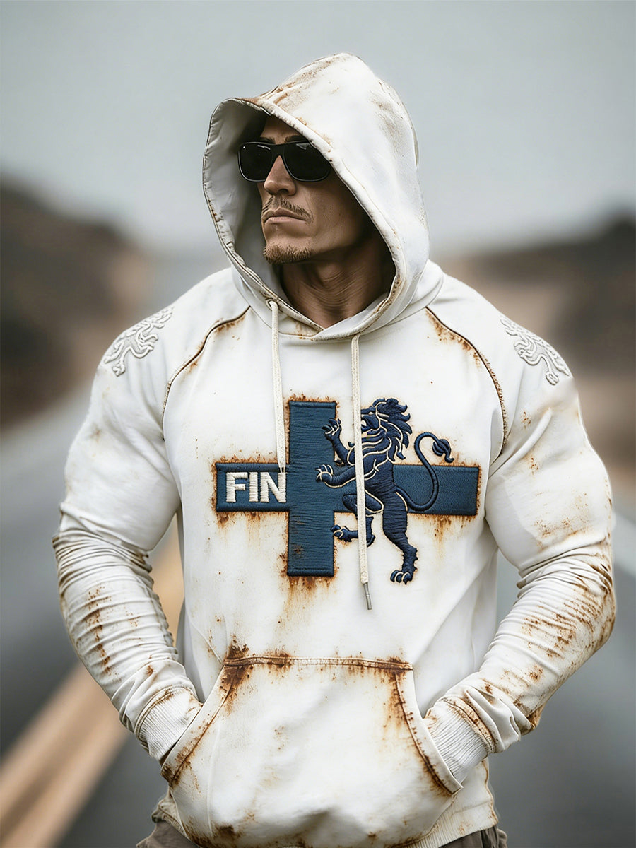 Mäns Vintage Vit finsk flagga Skriv ut Casual Drop-Skald Hooded Sweatshirt