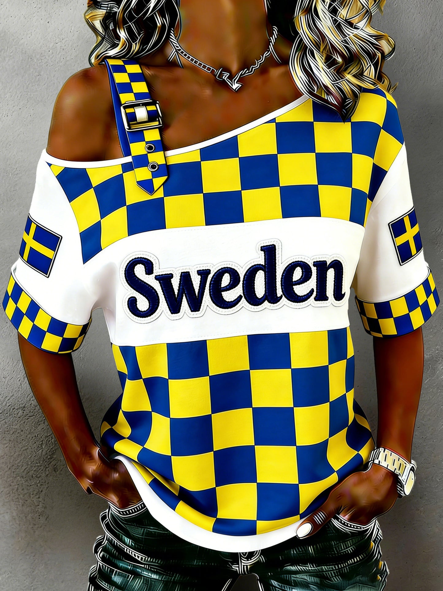Damer Svensk T-shirt med konsttryck i lokal stil med dalahästar