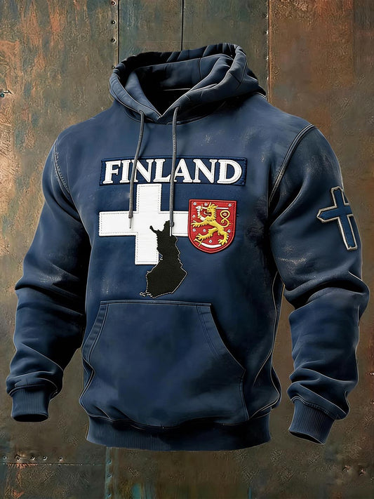 Herre blå Finland flagg lappetrykk uformell hettegenser