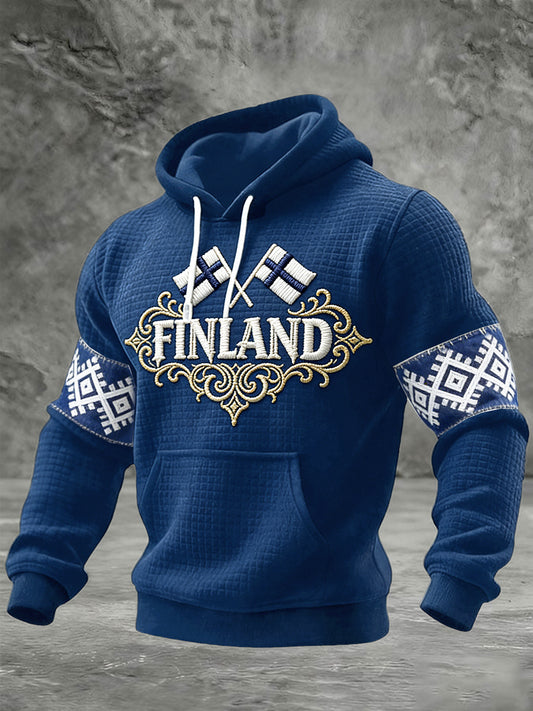 Menns blå Finland Flagg 3D-trykt uformell hettegenser i bomull med snøring