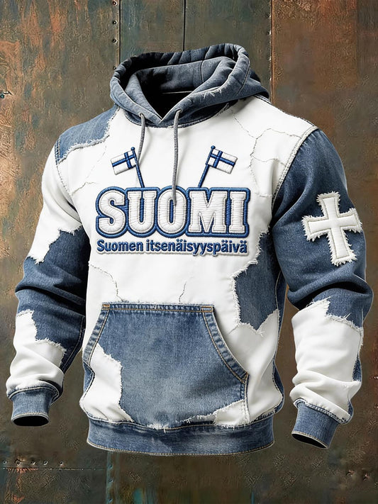 Hettegenser i finsk Suomi Denim Patchwork Print for menn