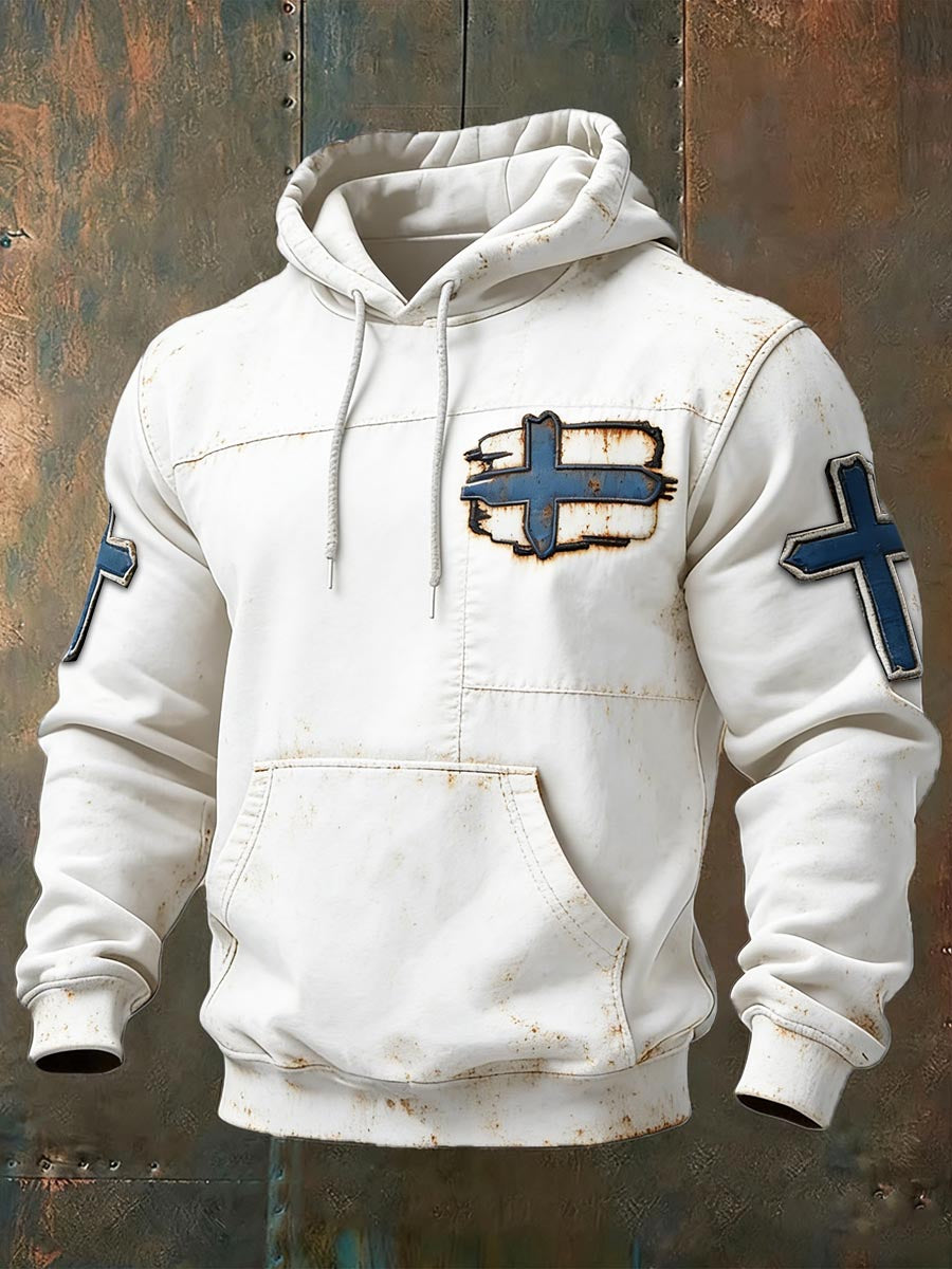 Mäns finska flagga Vintage Patchwork Print Casual Hooded Sweatshirt