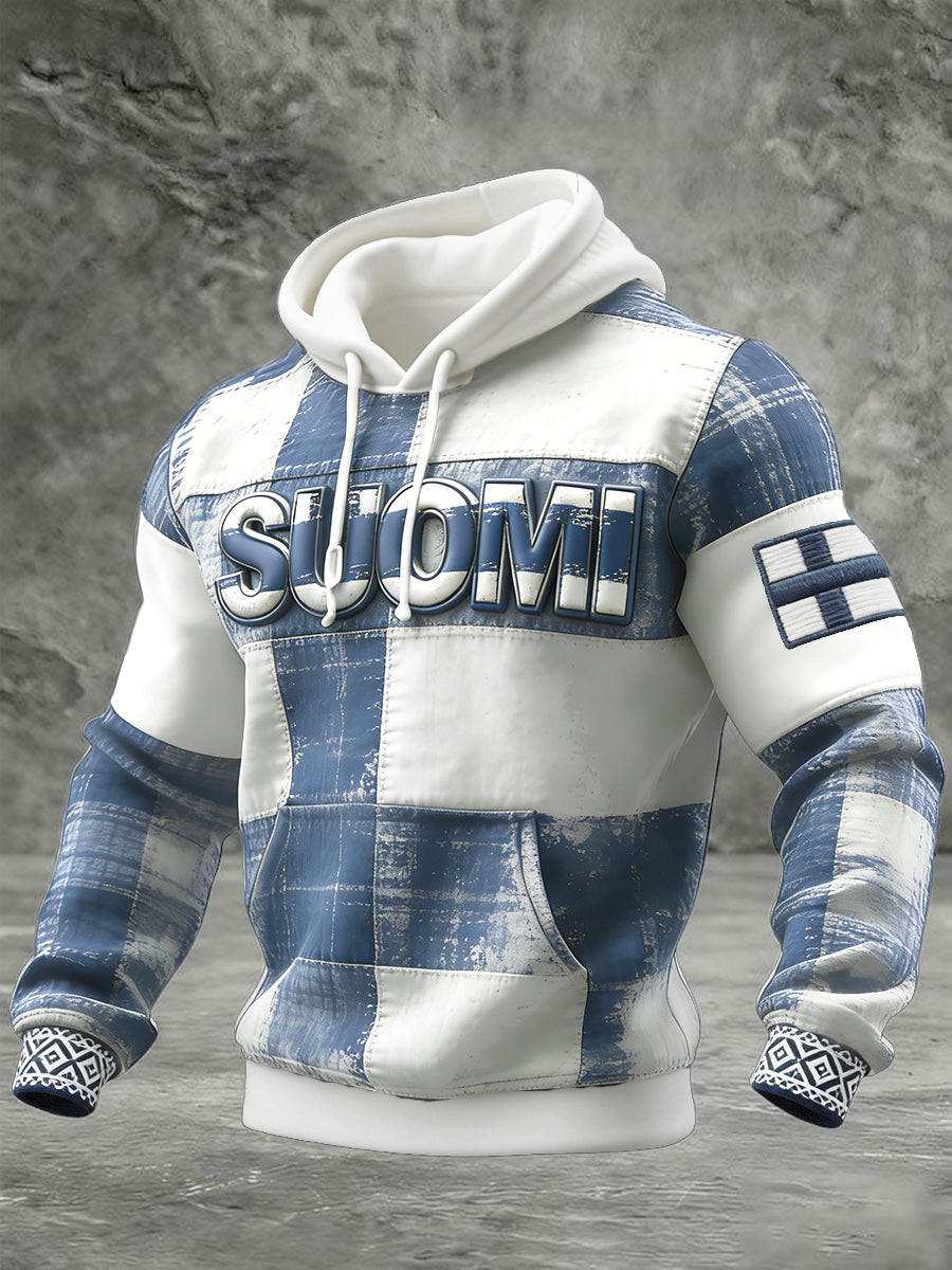Mäns finska Suomi Vintage Check Print Casual Hooded Sweatshirt