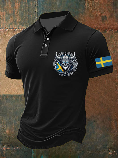 Herrpolo med svensk vikingastil och tryckt mönster